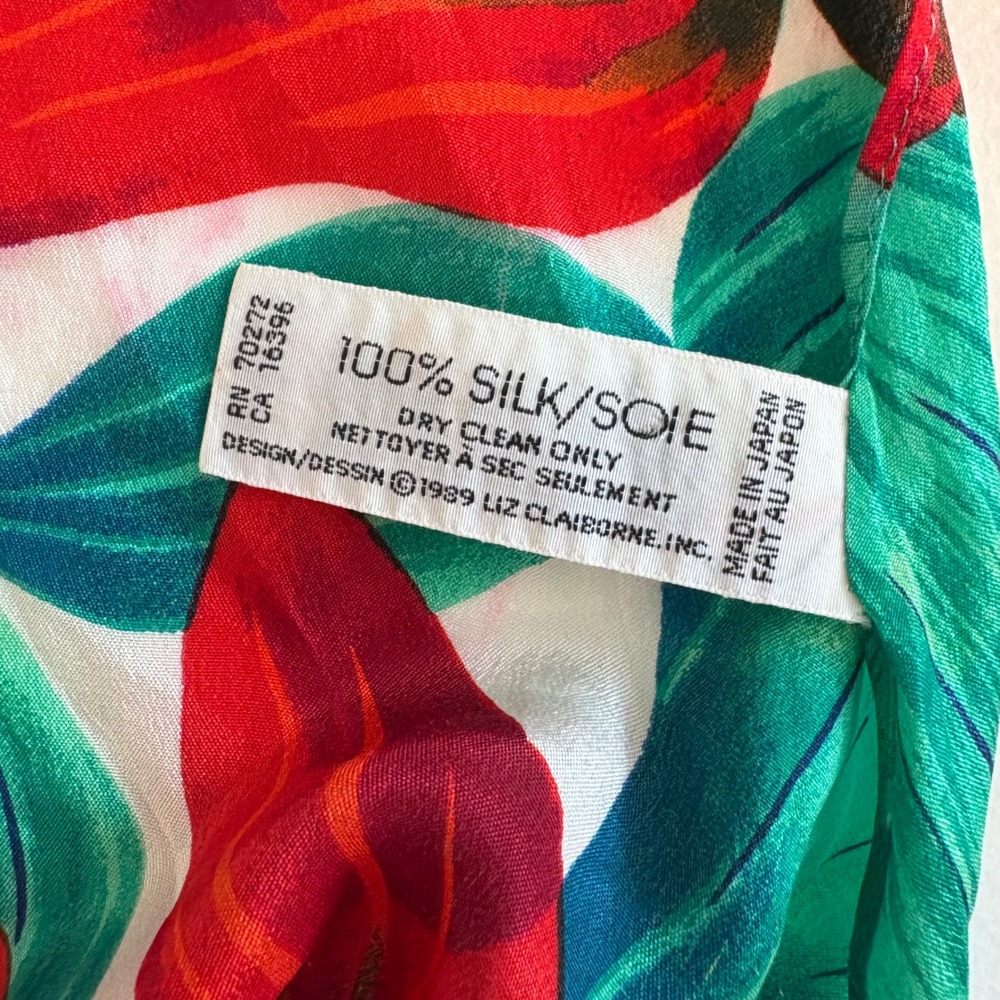 Vintage Liz Claiborne 100% Silk Tropical Floral Scarf Red Green Botanical 1989 - Picture 5 of 5